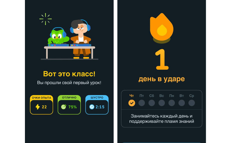 Duolingo после каждого занятия показывает пользователю его результат 