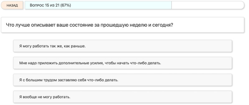 При ответе участник выбирает один из четырех вариантов, который отражает степень выраженности симптома за последнюю неделю