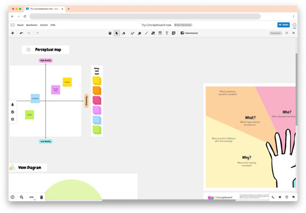 В Conceptboard участники могут загружать документы, прикреплять стикеры, делать пометки и выстраивать диаграммы